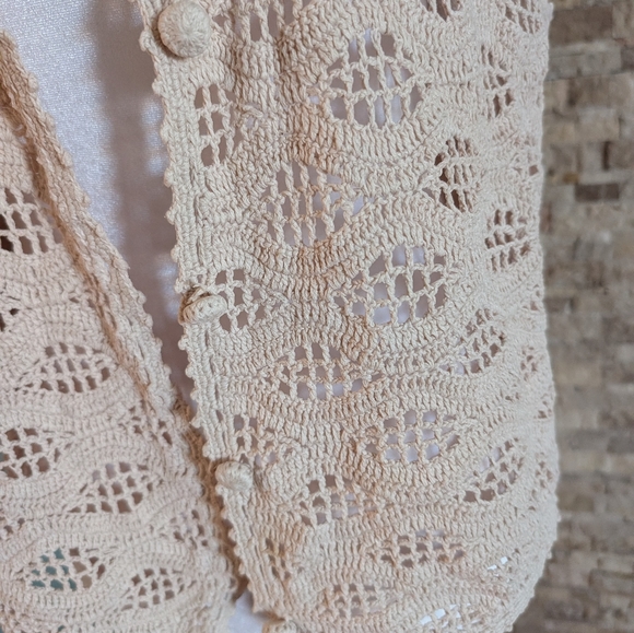 Vintage Crochet Sleeveless Vest Cream Fairy Coastal Grandma Cottage Boho Sz L - Picture 10 of 11